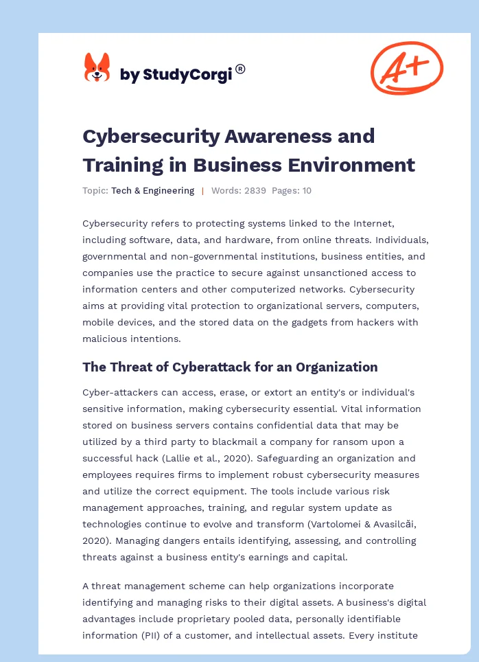 Cybersecurity Awareness and Training in Business Environment. Page 1