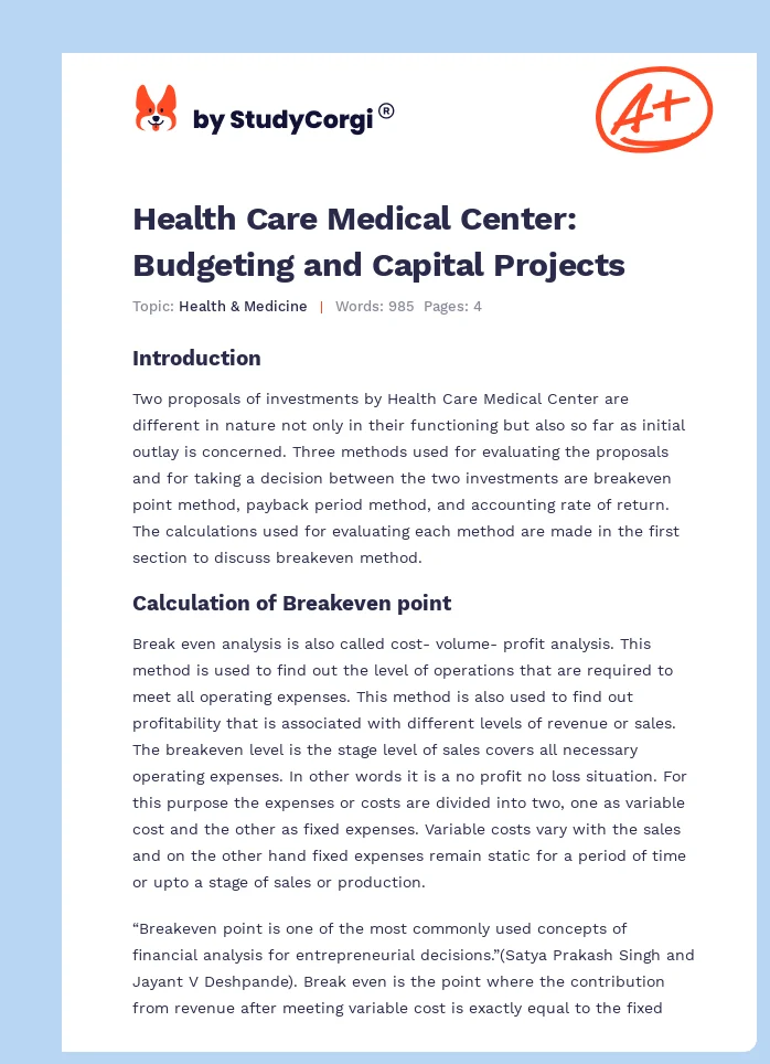 Health Care Medical Center: Budgeting and Capital Projects. Page 1