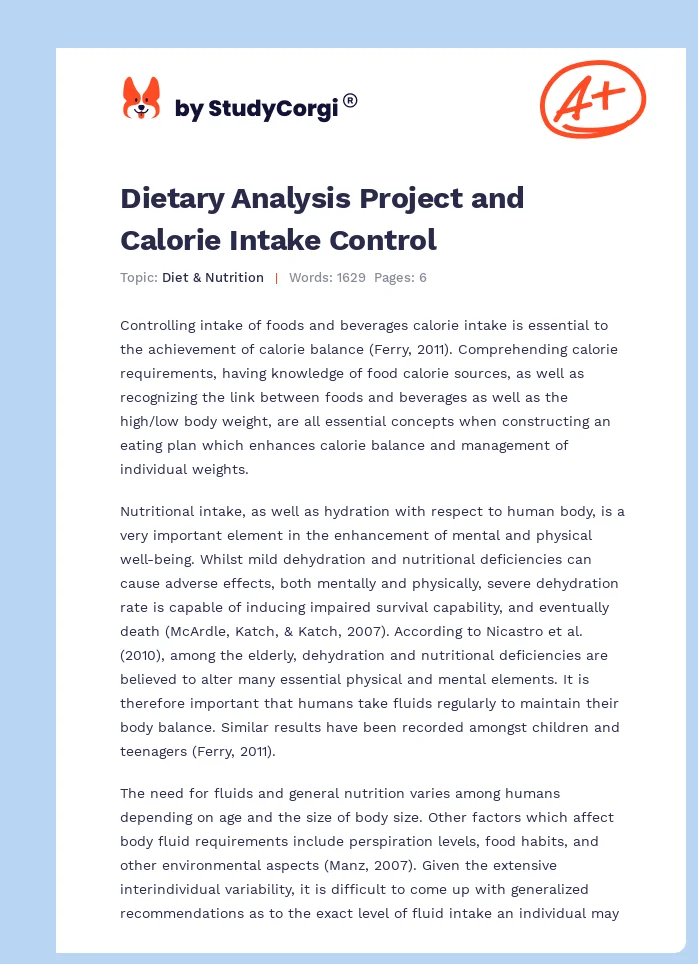 Dietary Analysis Project and Calorie Intake Control. Page 1