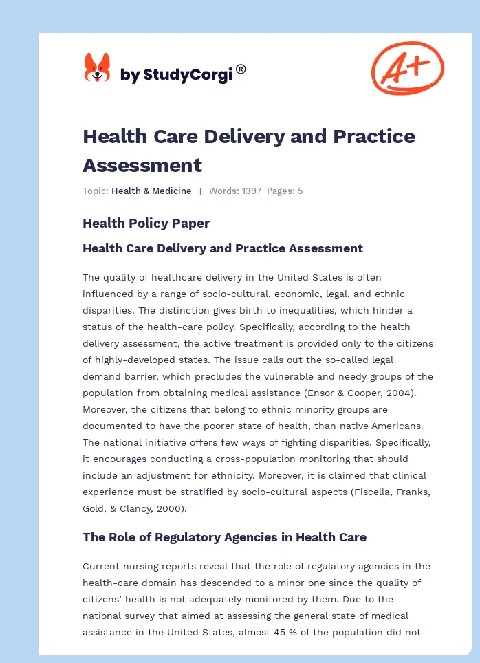 Health Care Delivery and Practice Assessment. Page 1