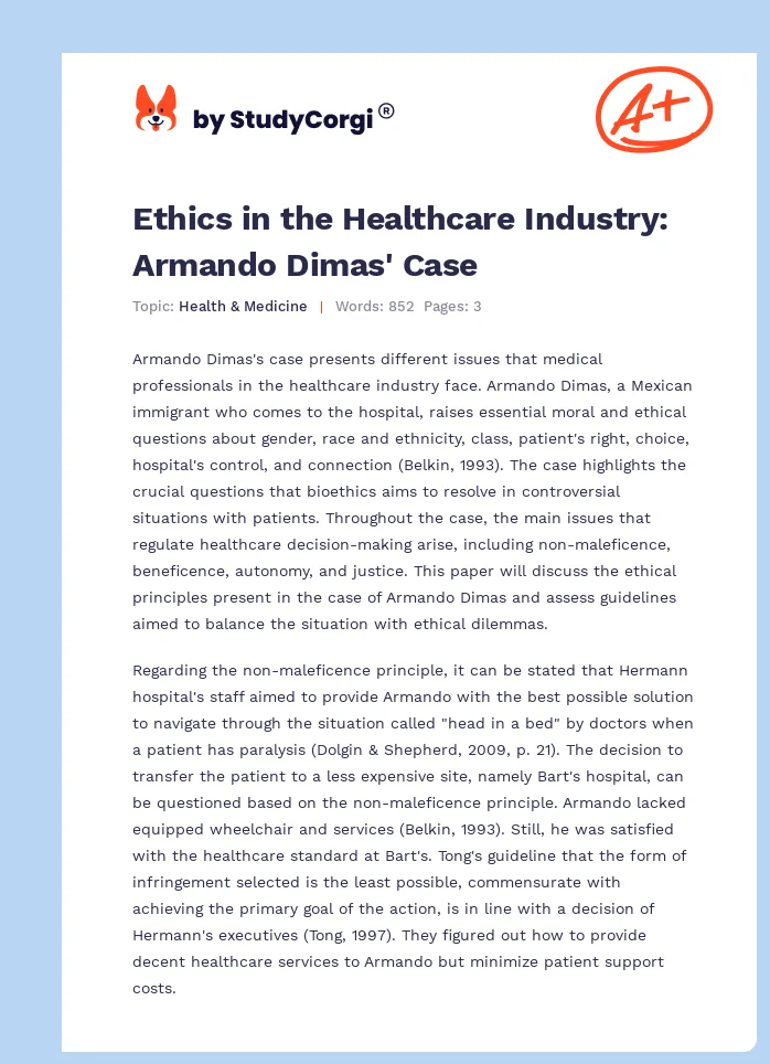Ethics in the Healthcare Industry: Armando Dimas' Case. Page 1