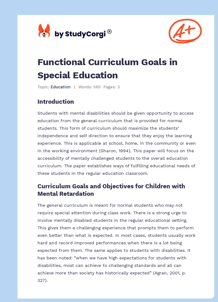 Functional Curriculum Goals in Special Education. Page 1