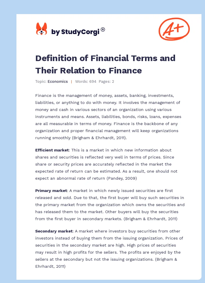 Definition of Financial Terms and Their Relation to Finance. Page 1
