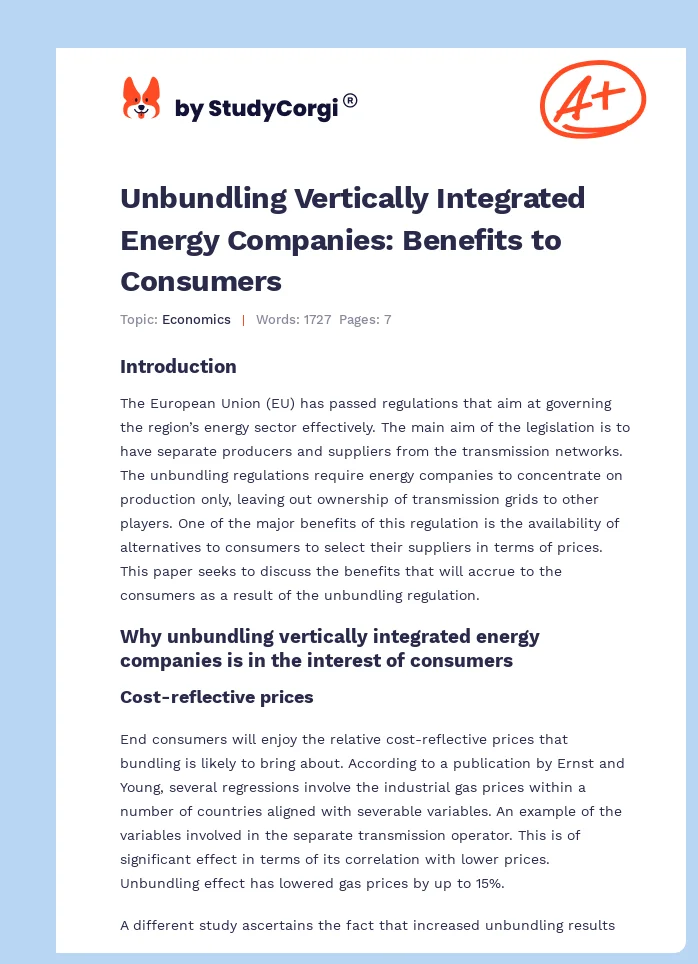 Unbundling Vertically Integrated Energy Companies: Benefits to Consumers. Page 1