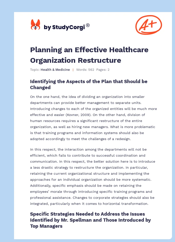 Planning an Effective Healthcare Organization Restructure. Page 1