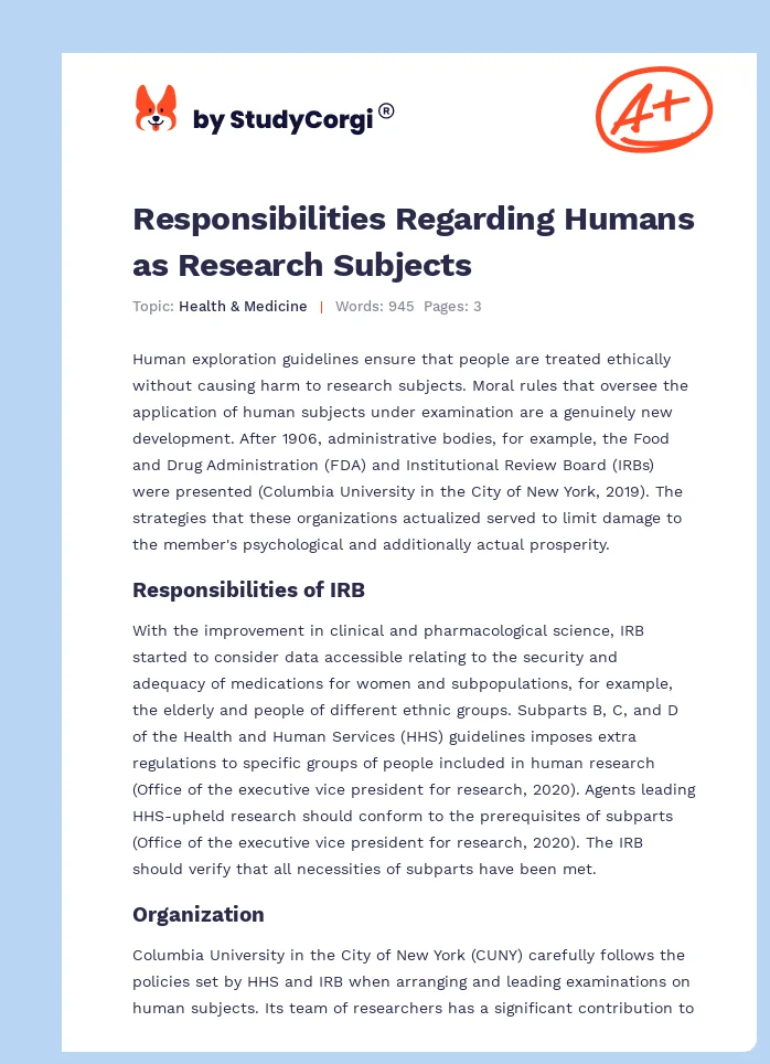Responsibilities Regarding Humans as Research Subjects. Page 1
