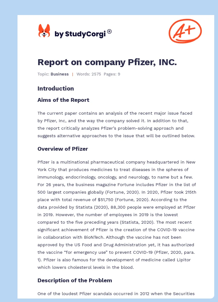 Report on company Pfizer, INC.. Page 1