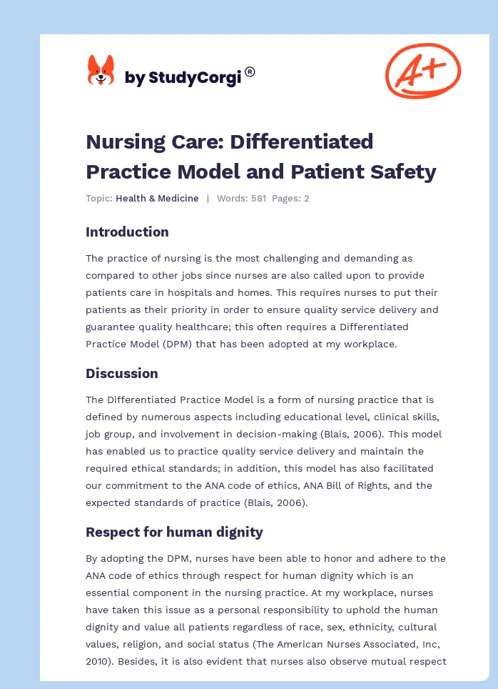 Nursing Care: Differentiated Practice Model and Patient Safety. Page 1