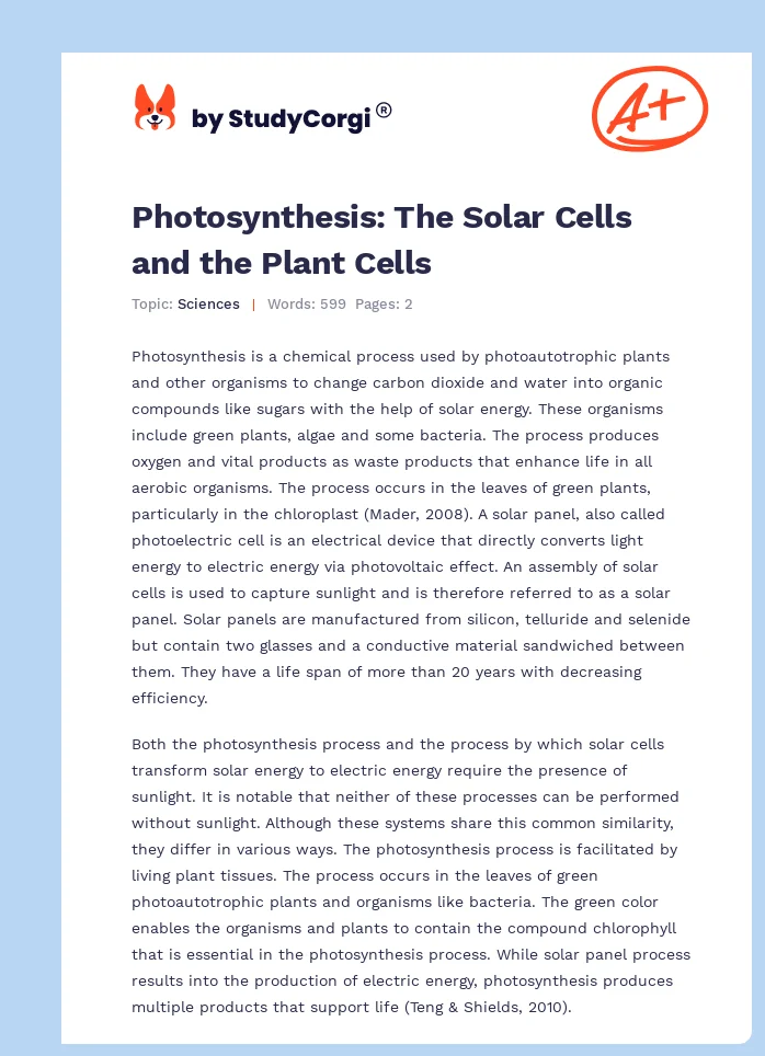 Photosynthesis: The Solar Cells and the Plant Cells. Page 1
