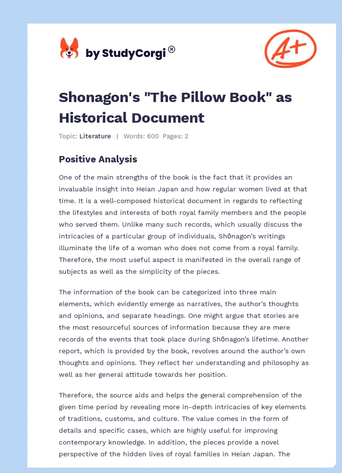 Shonagon's "The Pillow Book" as Historical Document. Page 1