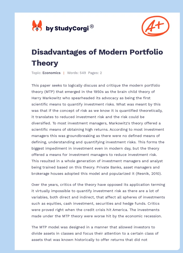 Disadvantages of Modern Portfolio Theory. Page 1