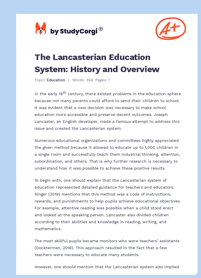 The Lancasterian Education System: History and Overview. Page 1