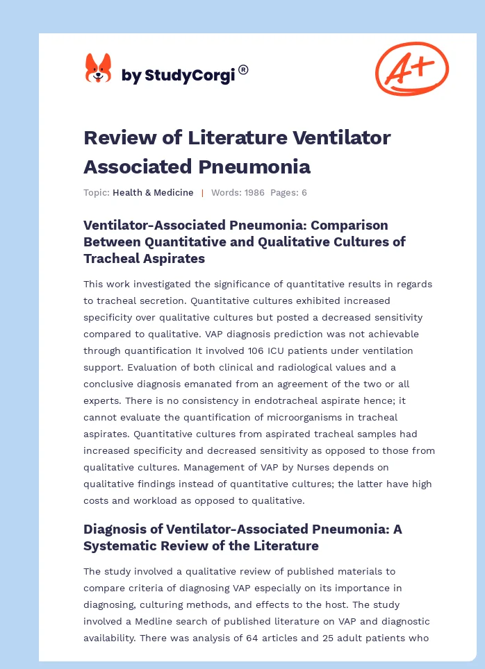 Review of Literature Ventilator Associated Pneumonia. Page 1