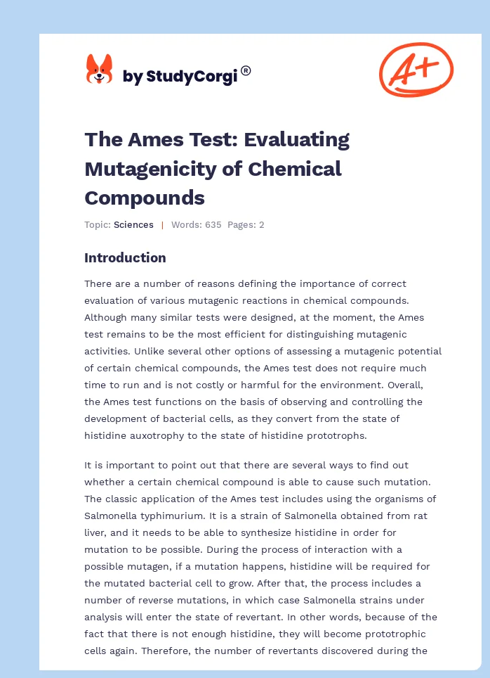 The Ames Test: Evaluating Mutagenicity of Chemical Compounds. Page 1