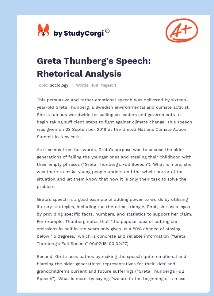 Greta Thunberg's Speech: Rhetorical Analysis. Page 1