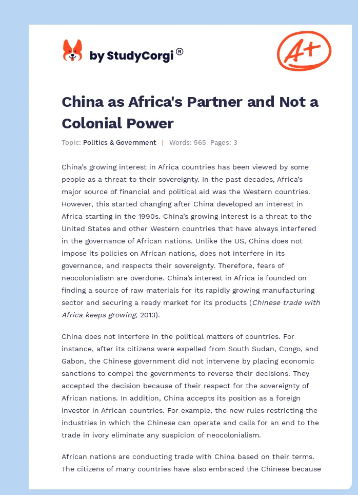 China as Africa's Partner and Not a Colonial Power. Page 1