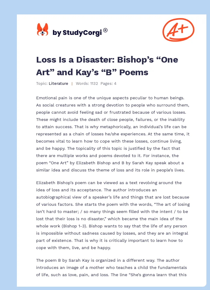 Loss Is a Disaster: Bishop’s “One Art” and Kay’s “B” Poems. Page 1