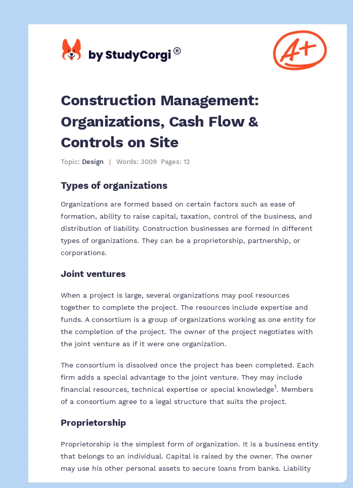 Construction Management: Organizations, Cash Flow & Controls on Site. Page 1