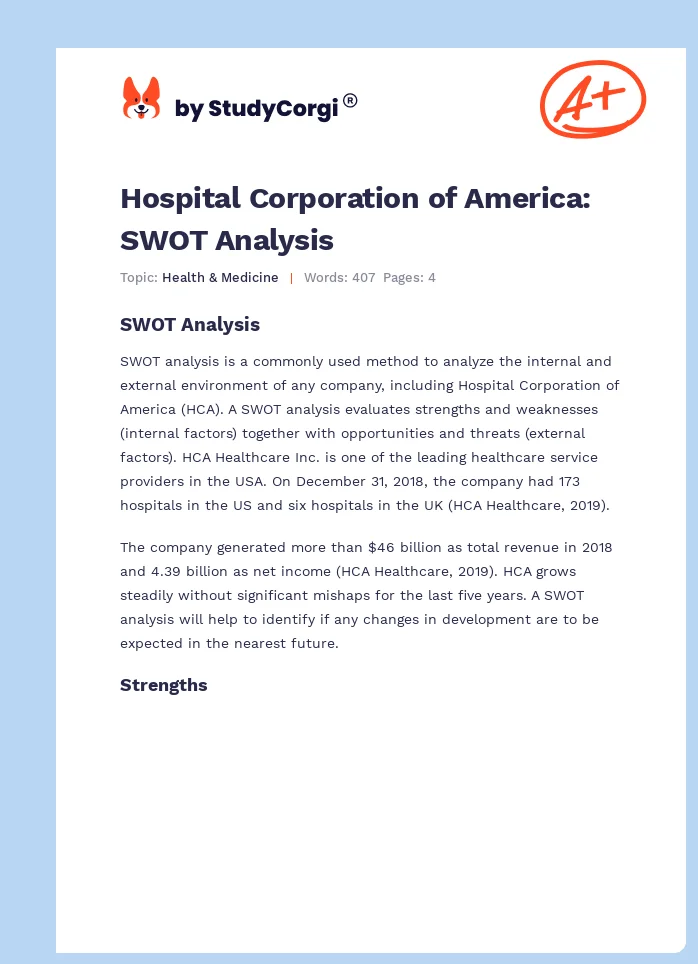 Hospital Corporation of America: SWOT Analysis. Page 1
