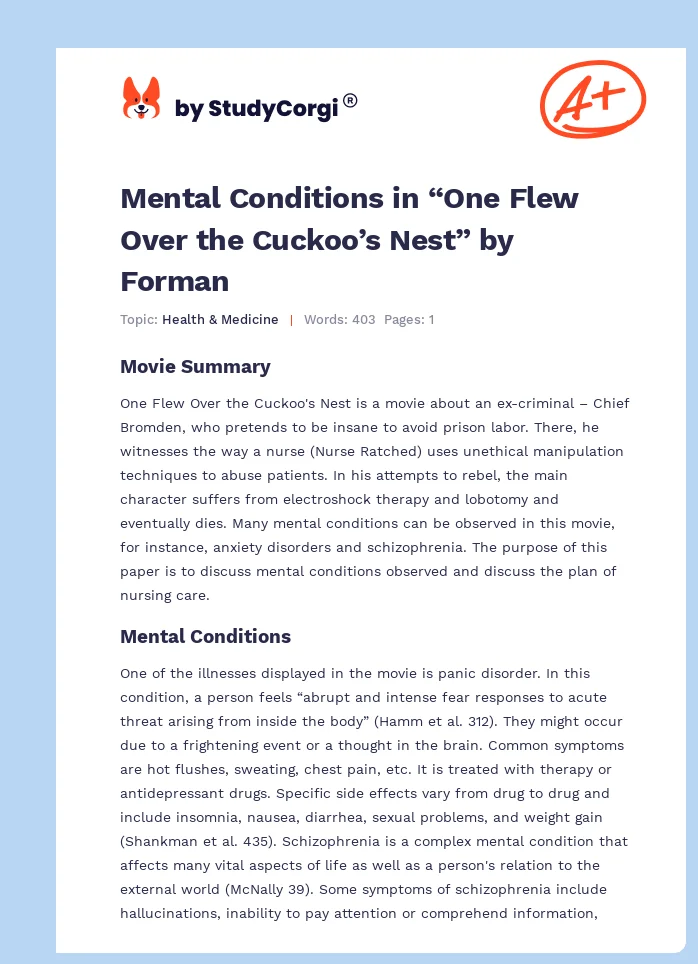 Mental Conditions in “One Flew Over the Cuckoo’s Nest” by Forman. Page 1