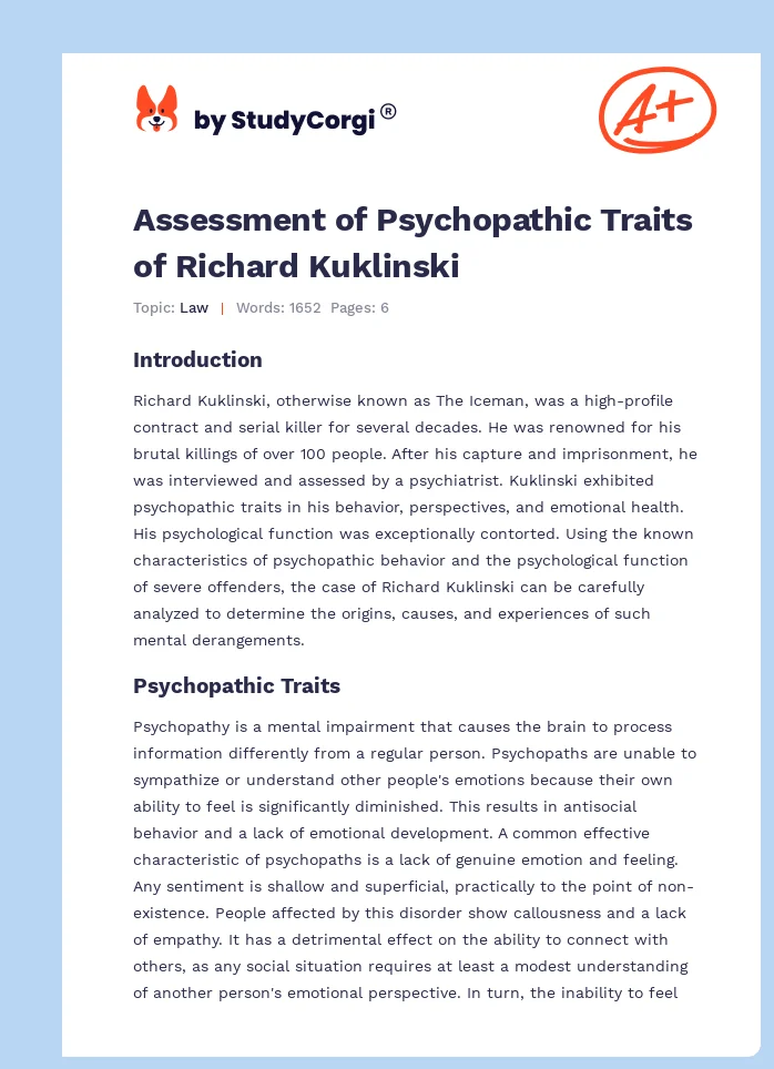 Assessment of Psychopathic Traits of Richard Kuklinski. Page 1