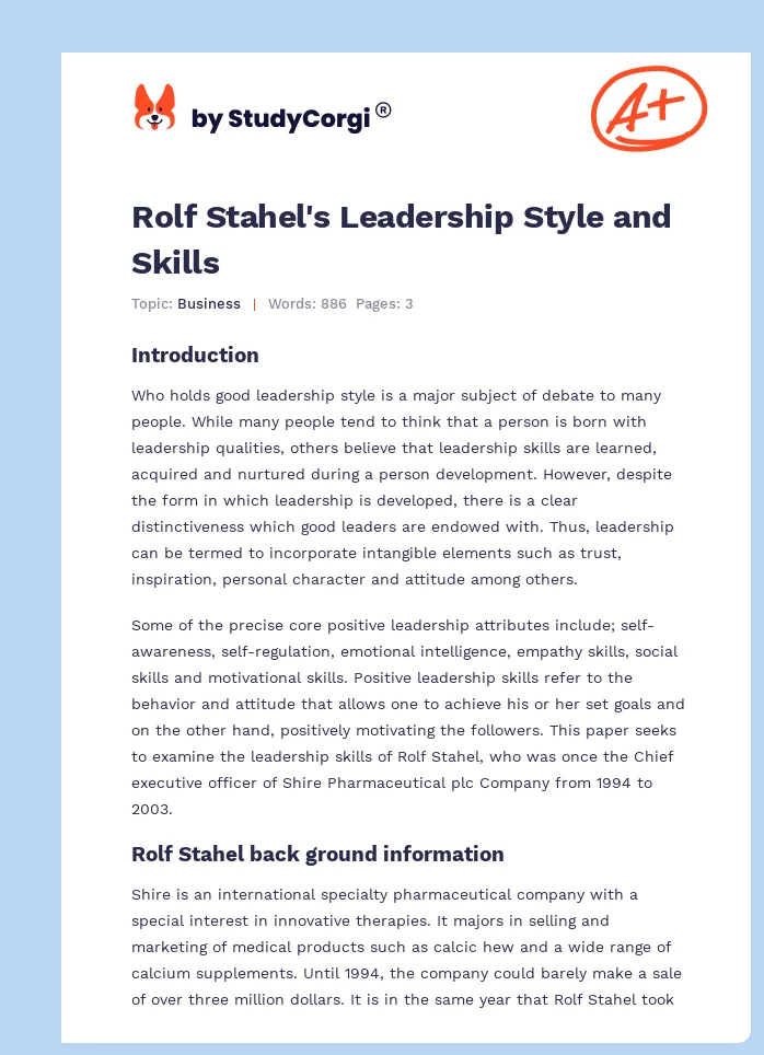 Rolf Stahel's Leadership Style and Skills. Page 1