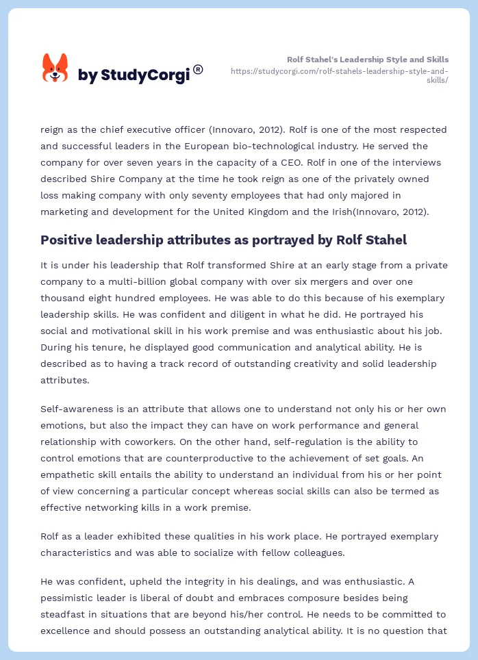 Rolf Stahel's Leadership Style and Skills. Page 2