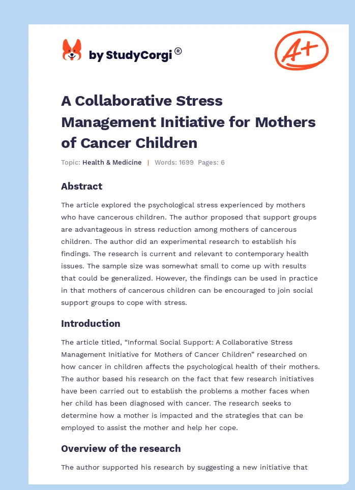 A Collaborative Stress Management Initiative for Mothers of Cancer Children. Page 1