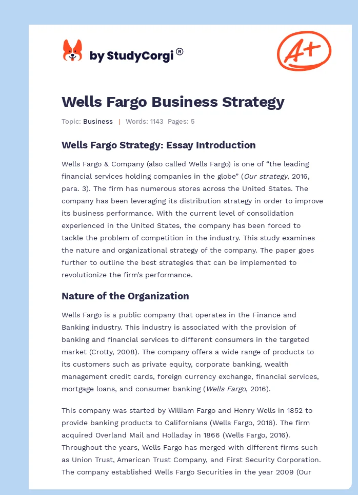 Wells Fargo Business Strategy. Page 1