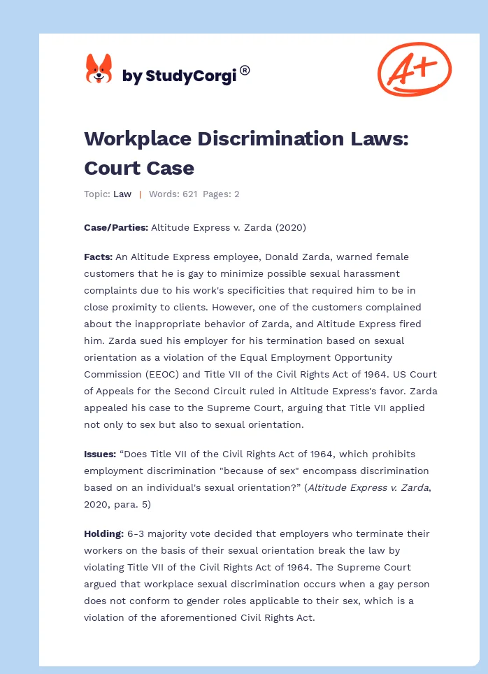 Workplace Discrimination Laws: Court Case. Page 1