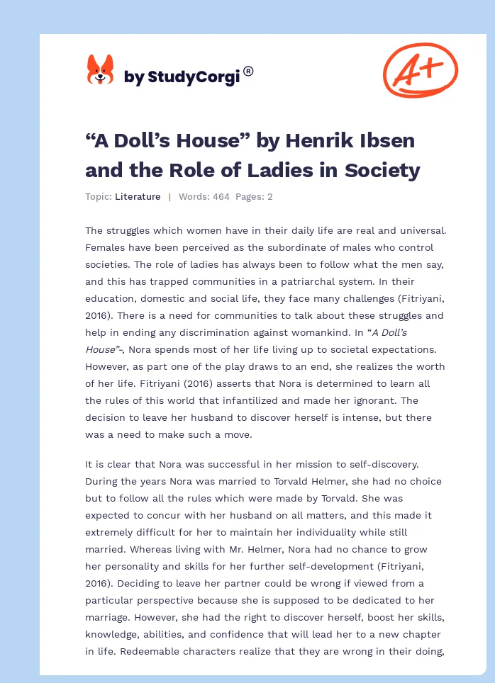 “A Doll’s House” by Henrik Ibsen and the Role of Ladies in Society. Page 1