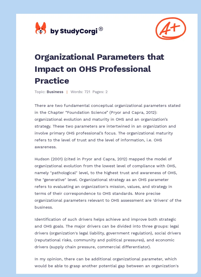 Organizational Parameters that Impact on OHS Professional Practice. Page 1