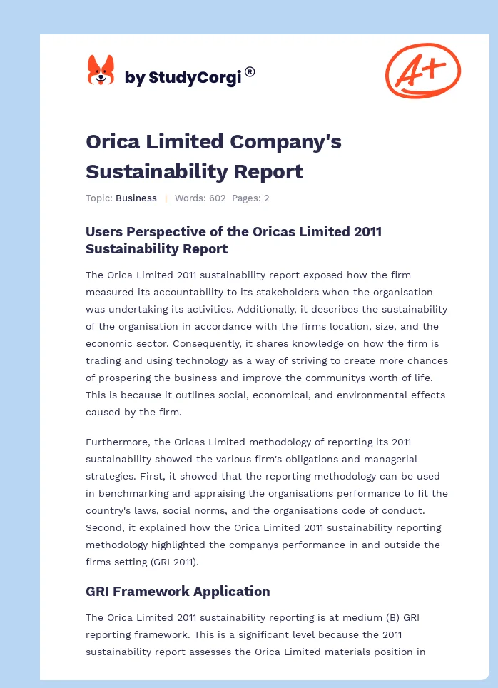 Orica Limited Company's Sustainability Report. Page 1