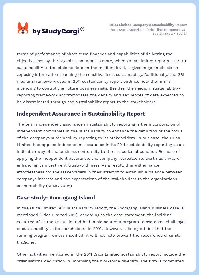 Orica Limited Company's Sustainability Report. Page 2