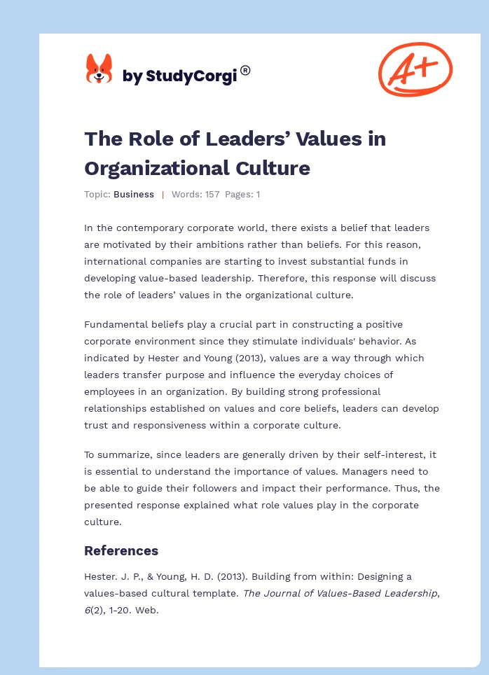 The Role of Leaders’ Values in Organizational Culture. Page 1