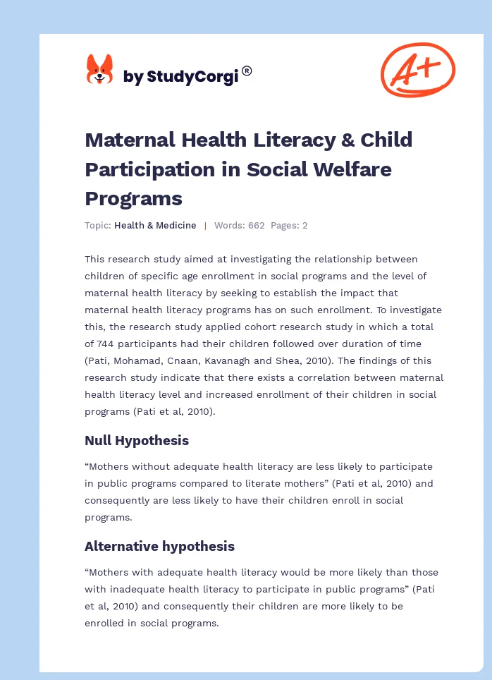 Maternal Health Literacy & Child Participation in Social Welfare Programs. Page 1