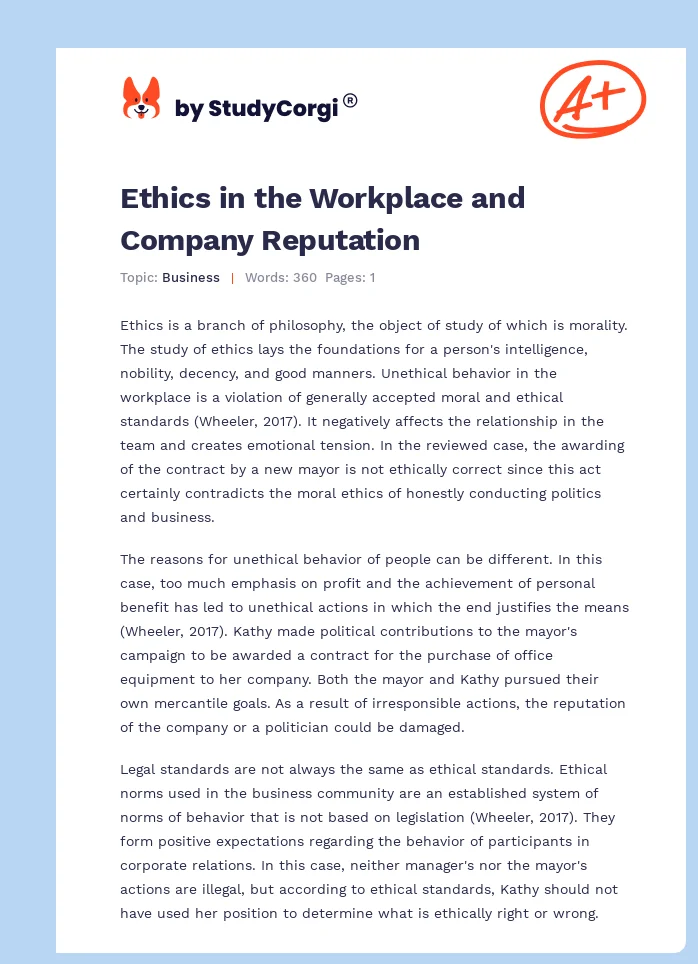 Ethics in the Workplace and Company Reputation. Page 1