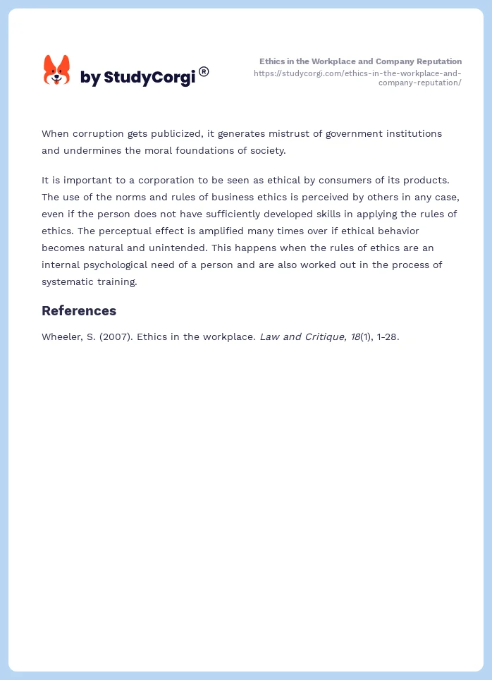 Ethics in the Workplace and Company Reputation. Page 2