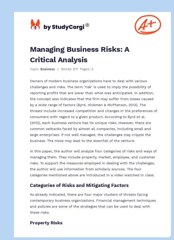 Managing Business Risks: A Critical Analysis. Page 1