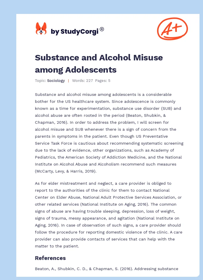 Substance and Alcohol Misuse among Adolescents. Page 1