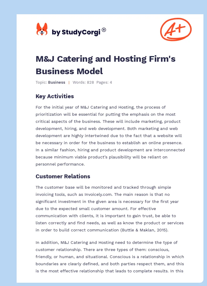 M&J Catering and Hosting Firm's Business Model. Page 1