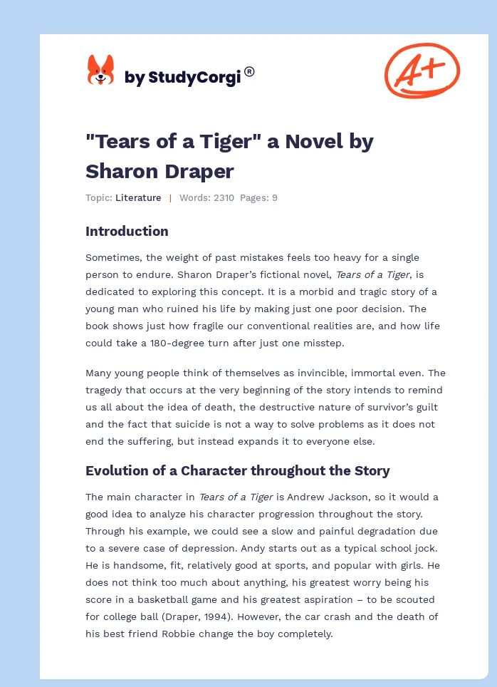 "Tears of a Tiger" a Novel by Sharon Draper. Page 1