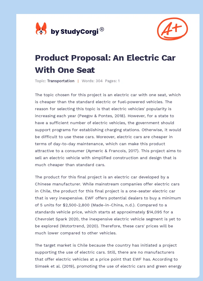 Product Proposal: An Electric Car With One Seat. Page 1