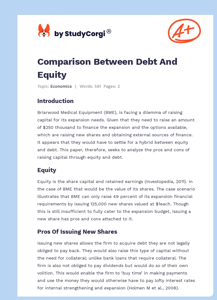 Comparison Between Debt And Equity. Page 1
