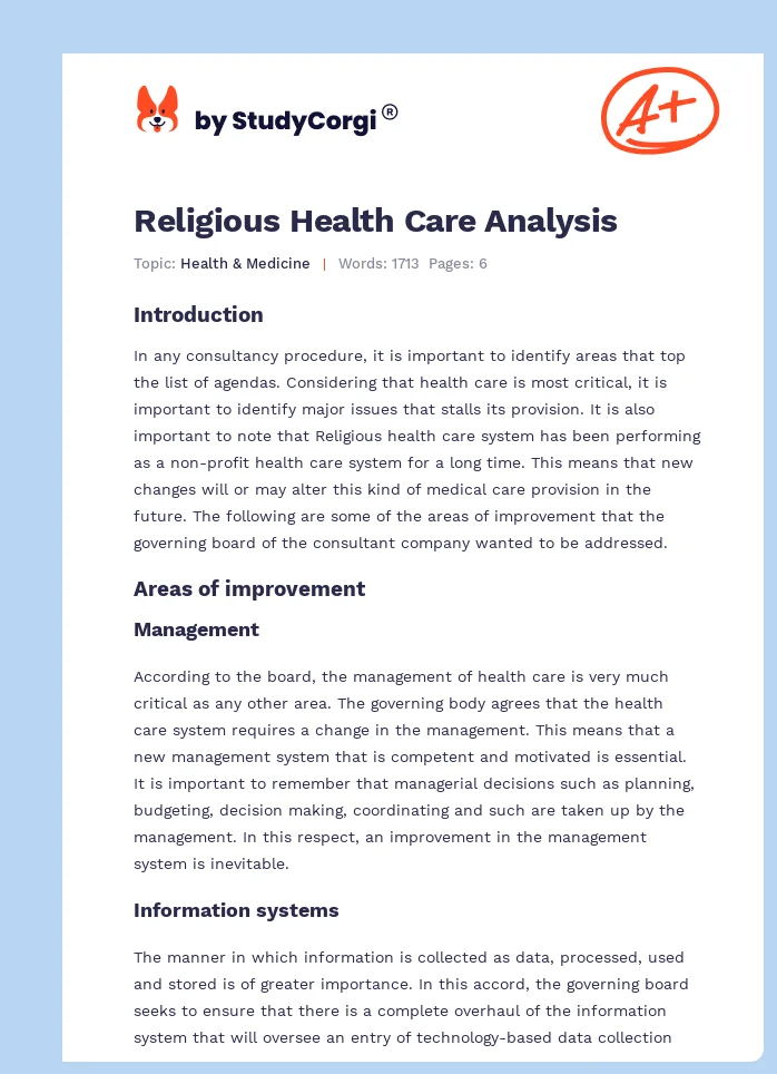 Religious Health Care Analysis. Page 1