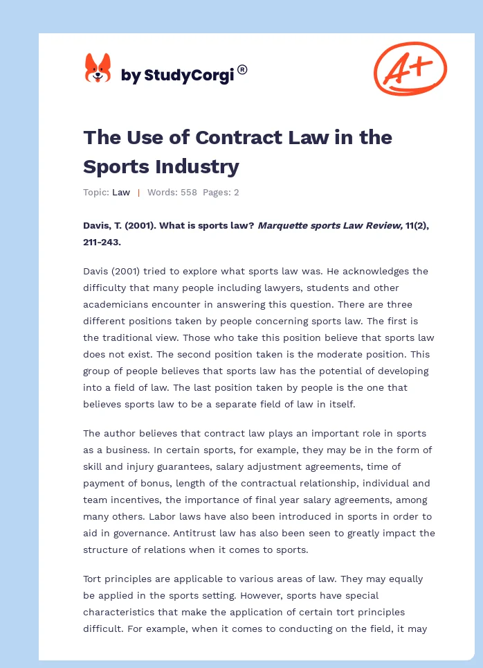 The Use of Contract Law in the Sports Industry. Page 1
