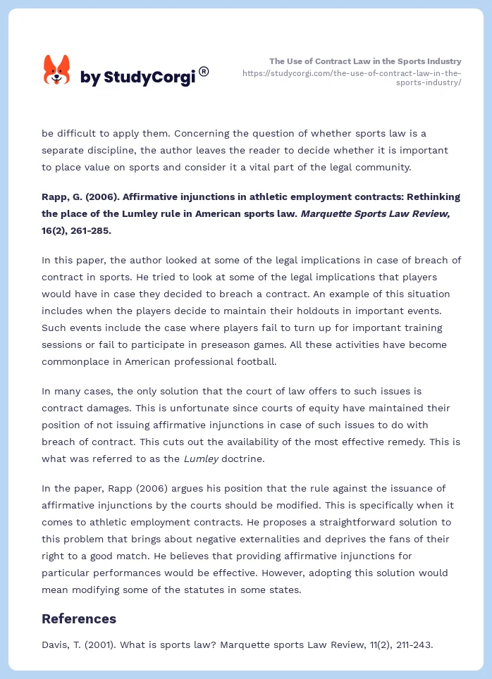 The Use of Contract Law in the Sports Industry. Page 2