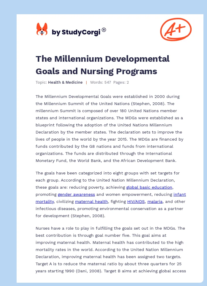 The Millennium Developmental Goals and Nursing Programs. Page 1