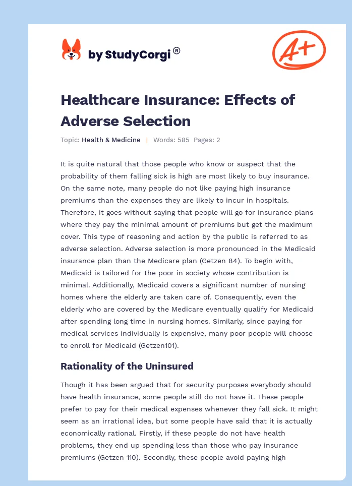 Healthcare Insurance: Effects of Adverse Selection. Page 1