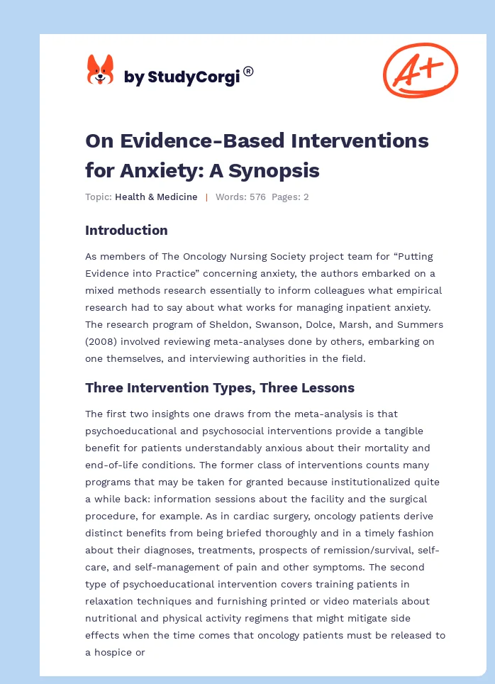 On Evidence-Based Interventions for Anxiety: A Synopsis. Page 1